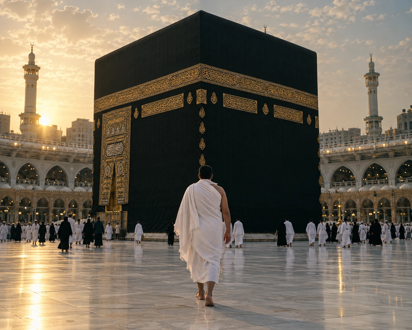 Cinematic illustration of a pilgrim near the Kaaba during Umrah